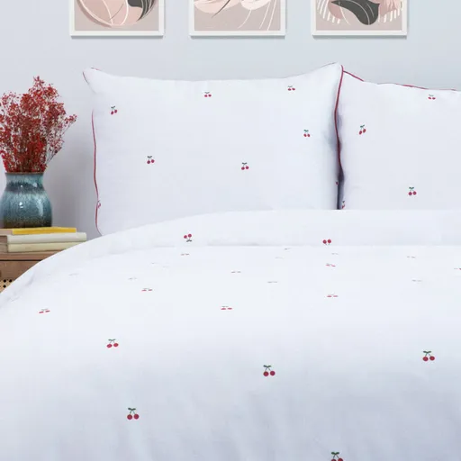 Lenjerie de pat pentru o persoana Cherrine, Homla, 2 piese, 140x200 cm, bumbac, alb/rosu