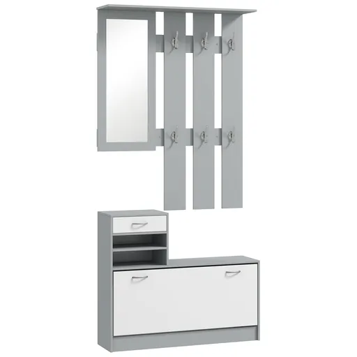 HOMCOM Set de Mobilier pentru Hol cu Raft pentru Pantofi, Oglindă și 2 rafturi Reglabile, 90x24x177 cm, Gri | Aosom Romania