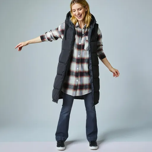 Jachetă lungă cu fermoar și glugă, fără mâneci