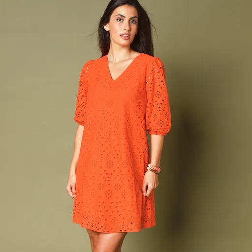 Rochie cu broderie Madeira și mâneci 3/4