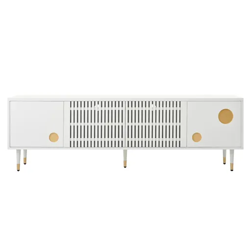 Comodă TV cu front din plasă metalică și accente aurii, 4 uși, 170x36x54 cm, Alb