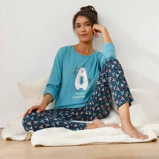 Pijama cu imprimeu ursuleț de pluș, vine cu geantă