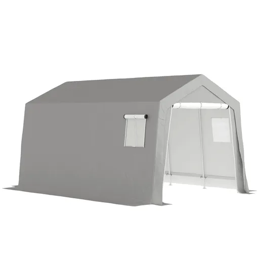 Outsunny Cort de Depozitare Exterior 3 x 4,5 m, tente de depozitare impermeabilă și anti-UV, ușă înrolabilă, ferestre, gri | Aosom Romania