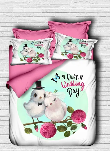 Lenjerie de pat dubla King (IT), 3 piese, L'essentiel Maison, 173, Alb / Roz / Verde /