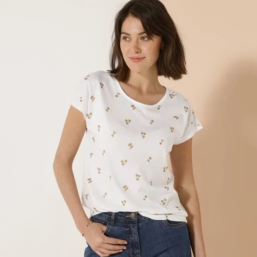 Tricou cu gât rotund și imprimeu cu cireșe aurii