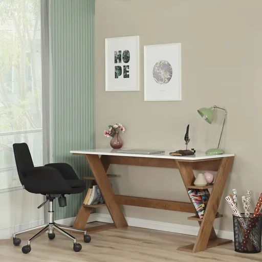 Birou, Hanah Home, Lungo, 140x73x60 cm, Stejar închis / Alb