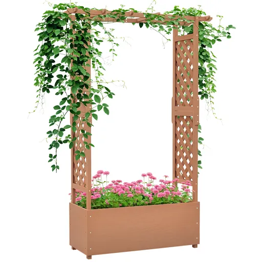 Outsunny Strat de Grădină Înălțat cu Grilaj și Acoperiș, Jardinieră din Lemn pentru Plante Cățărătoare, 112x41x180 cm, Maro | Aosom Romania