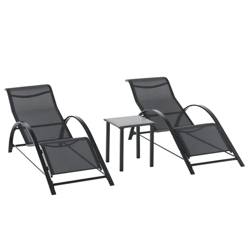 Outsunny Set 2 sezlonguri si masuta cu blat din sticla, sezlong pentru gradina din material respirabil si metal, 59x169x66 cm, negru