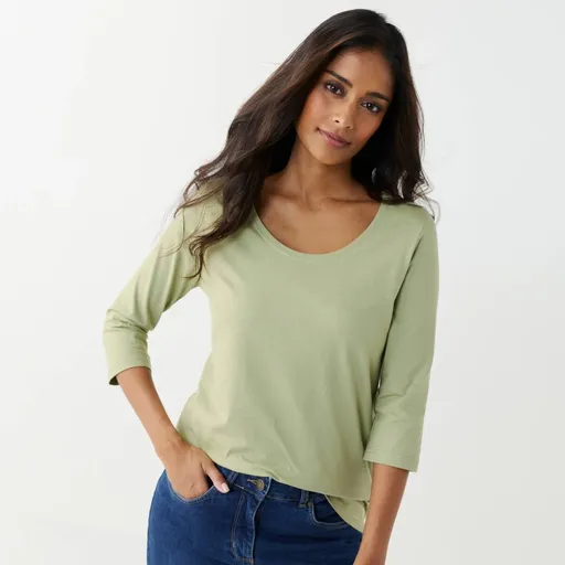 Tricou de culoare solidă cu mâneci 3/4 și decolteu rotund