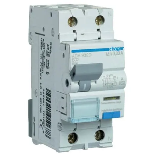 Disjunctor diferential RCBO 1P+N 32A/30mA, B, 6kA, tip A Hager ADA932D