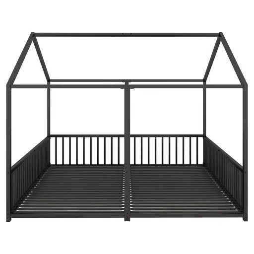 Pat dublu pentru copii 90x200 cm, formă de casă, cu barieră de siguranță, fără saltea, Negru
