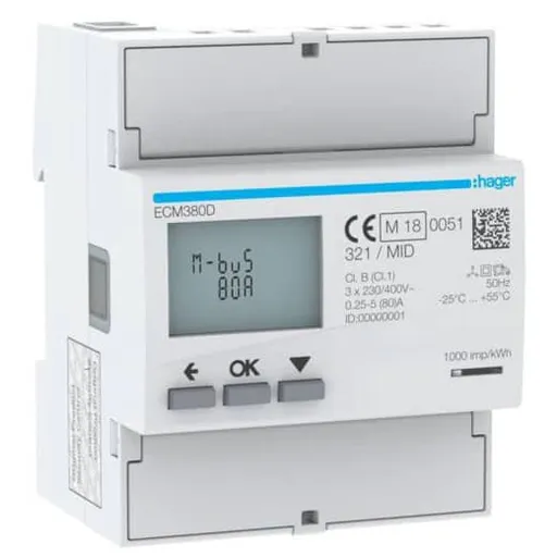 Contor trifazat cu masurare directa, 80A 4M, MBUS MID Hager ECM380D