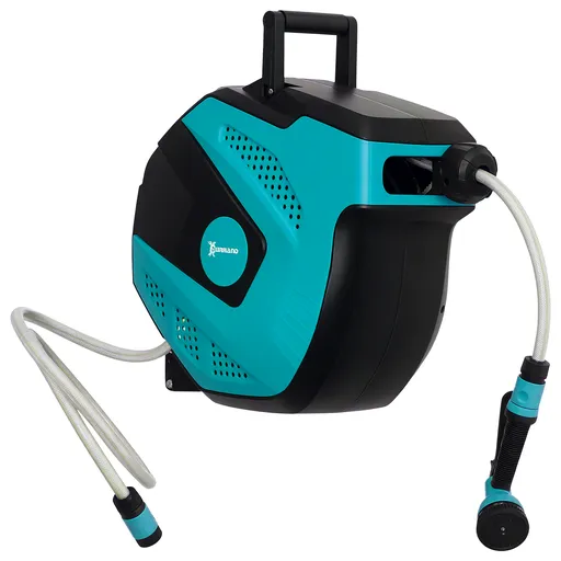 DURHAND Tambur cu Furtun de 15 m Retractabil cu 7 Moduri de Irigare și Kit de Montare, 44x22,5x41 cm, Negru | Aosom Romania
