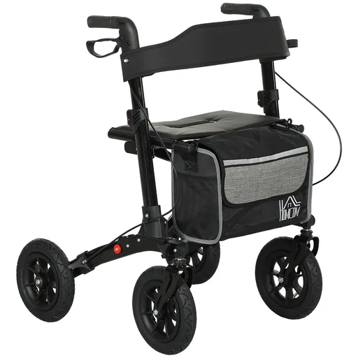 HOMCOM Deambulator pliabil 4 roți, rollator din aluminiu ușor, scaun căptușit, spătar, mânere reglabile, 69x64x98,5cm negru | Aosom Romania