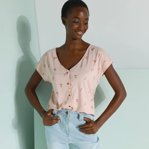 Cămașă butonată cu decolteu în V cu imprimeu de cireșe