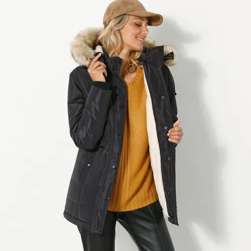 Jachetă impermeabilă cu glugă și garnitură din blană artificială