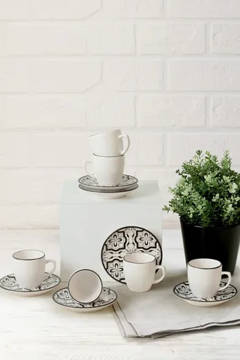 Set cesti de cafea, Hermia, 275KRM1924, Farfurie: 12 cm (6 bucăți), Alb/Negru