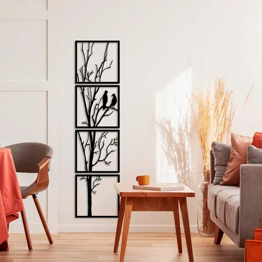 Decoratiune de perete, Tree And Birds B, 44 x 44 cm, 4 piese, Negru