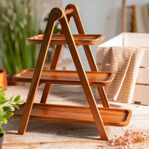 Platou servire cu 3 etaje Mooka, Homla, 39.5x38.5 cm, lemn, natur
