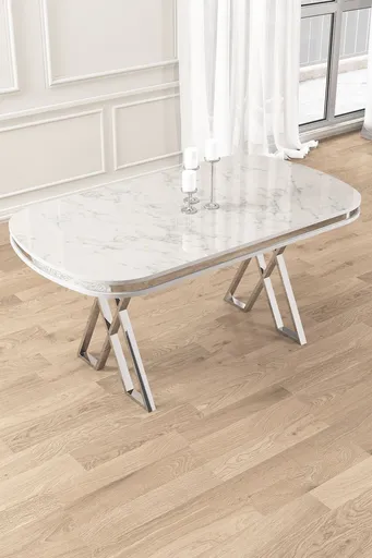 Masa, Hanah Home, Zae, 168x76x90 cm, Marmură albă / Crom