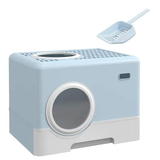 PawHut Litieră închisă pentru pisici cu tavă detașabilă și lopățică, 52 x 41 x 38,5 cm, albastru | Aosom Romania