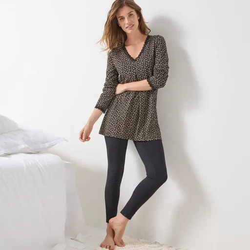 Pijama cu colanți, mâneci lungi și imprimeu animal