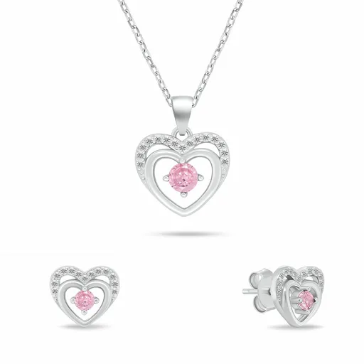 Brilio Silver Set delicat de bijuterii din argint „Inimi” cu zirconii roz SET295WP (colier, cercei)