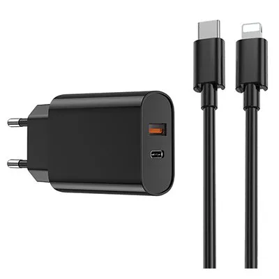 Incarcator retea USB + USB-C PD qc 20W + cablu lightning -NEGRU Wiwu GSM179558