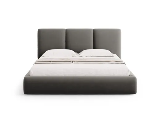 Pat tapitat cu somiera rabatabila si lada depozitare, 140x200 cm, Windsor & Co, Horizon, catifea, gri deschis