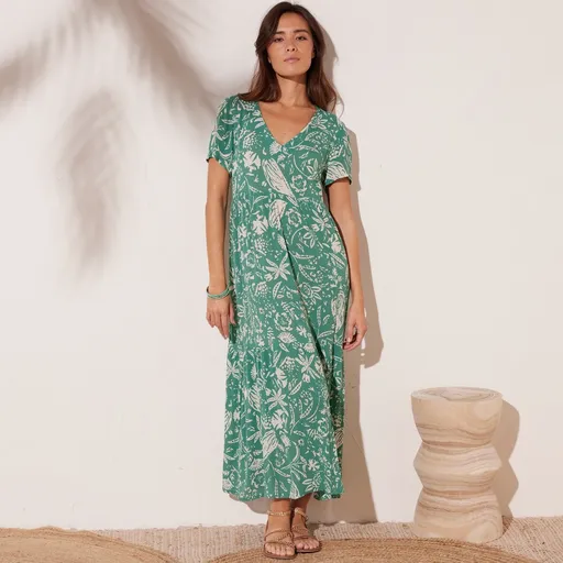 Rochie lungă din crepon, cu decolteu în V și imprimeu