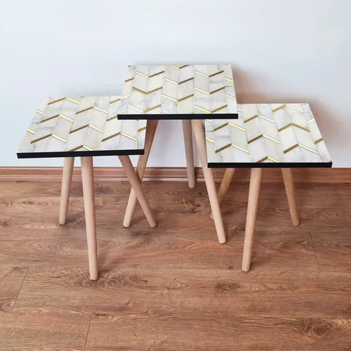 Set masute 3 piese, Hanah Home, 3Shp273, Alb/Auriu