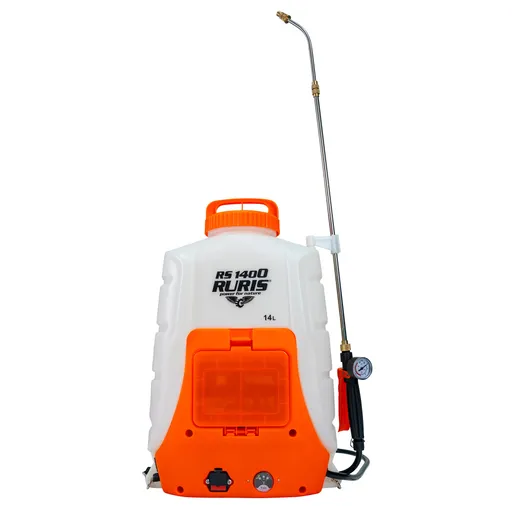 Pulverizator electric, RURIS RS 1400, bazin 14 litri, presiune lucru 0.2-0.4 Mpa, 6 bar, 3000 rpm, lance telescopica, acumulator 12V, 8Ah
