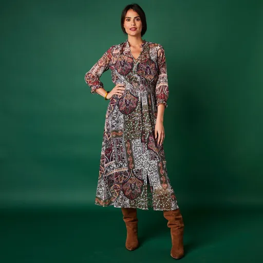 Rochie din voal cu imprimeu și talie broască