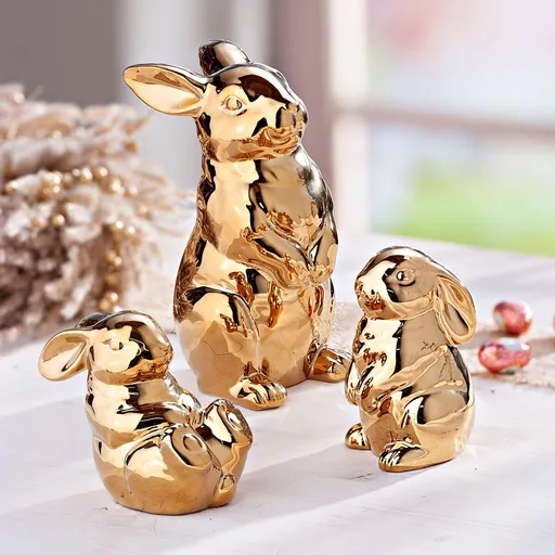 Figurine decorative Iepurași aurii, set 3 bucăți