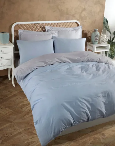 Lenjerie de pat dubla, L'essentiel Maison, Solid, 65% bumbac/35% poliester, Albastru deschis / Gri