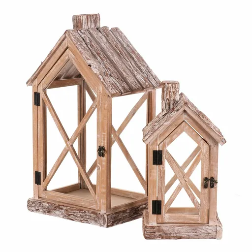 Set de felinare din lemn în formă de căsuță, 2 bucăți