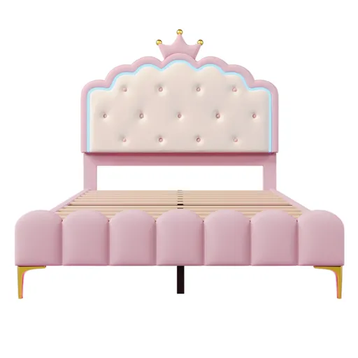 Pat tapițat 140x200 cm cu somieră cu lamele, formă de prințesă moștenitoare, fără saltea, Roz