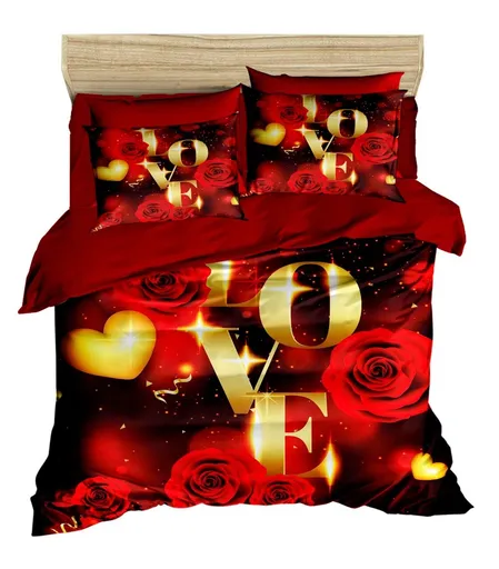 Lenjerie de pat dubla King (IT), 3 piese, L'essentiel Maison, 158, Roșu / Auriu