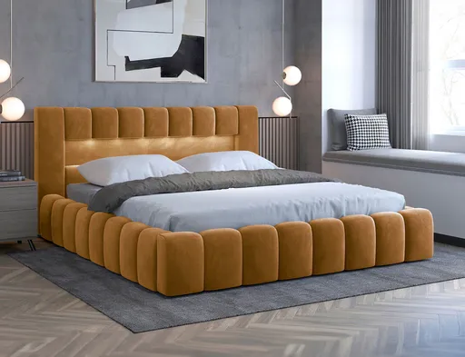 Pat tapitat cu somiera si lada depozitare, 180x200 cm, ELTAP, Lamica, lemn/poliester, mustar