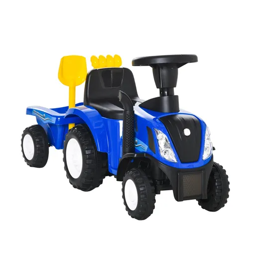 Tractor pentru Copii cu Remorca, Grebla si Lopata, 12-36 Luni, 91x29x44cm, Albastru inchis HOMCOM | Aosom Romania