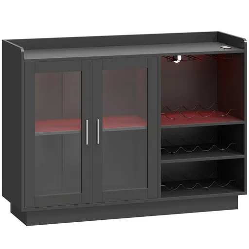 HOMCOM Dulap Port-Sticle cu Lumini LED RGB și Suport pentru 12 Sticle, Dulap pentru Vinuri cu Raft Reglabil și Uși cu Închidere Lentă din Sticlă pentr