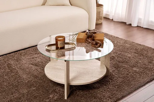 Masuta de cafea, Hanah Home, Clara, 75x40x75 cm, Travertin / Transparent