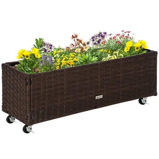 Jardiniera Inaltata Outsunny din Ratan Sintetic cu Roti Blocabile pentru Interior si Exterior, 94.5x31x36cm, Maro | Aosom Romania