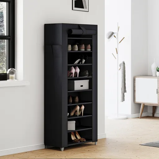 Pantofar textil, Songmics, 27 perechi pantofi, 58x28x162 cm, material netesut/otel, negru