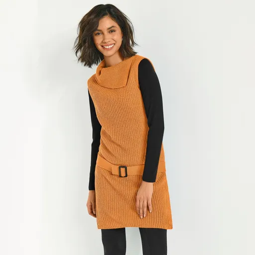 Pulover tunică cu curea detașabilă, fără mâneci