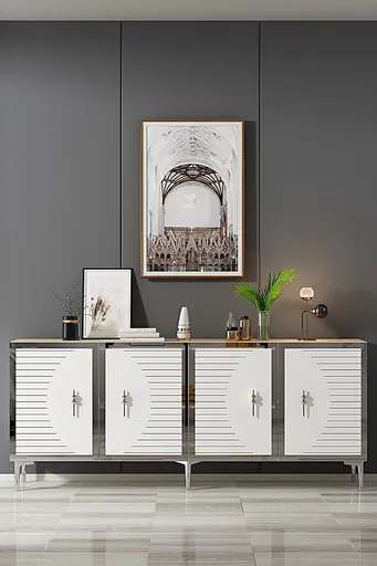 Consola, Hanah Home, Tuna 180, 180x75x32 cm, PAL , Stejar Safir / Alb / Argintiu