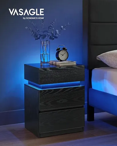 Noptiera cu 3 sertare si iluminare LED, Vasagle, 40x35x55 cm, MDF, negru