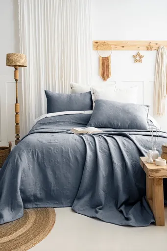 Set cuvertura de pat dubla 3 piese, L'essentiel Maison, Julia, Bumbac, Albastru