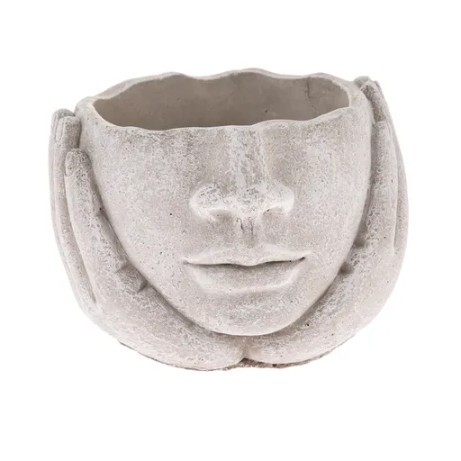 Husă de beton pentru ghiveci Cap în palme, gri, 15x 11 cm
