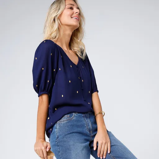 Bluză cu buton cu imprimeu auriu